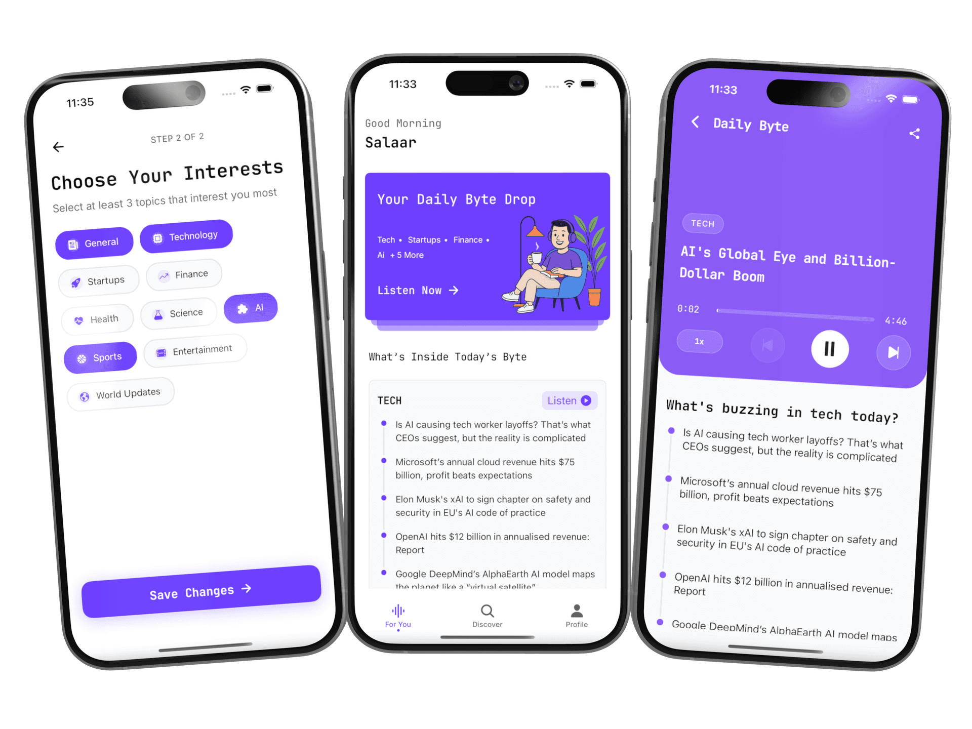 Daily Byte App Interface showing personalized audio content